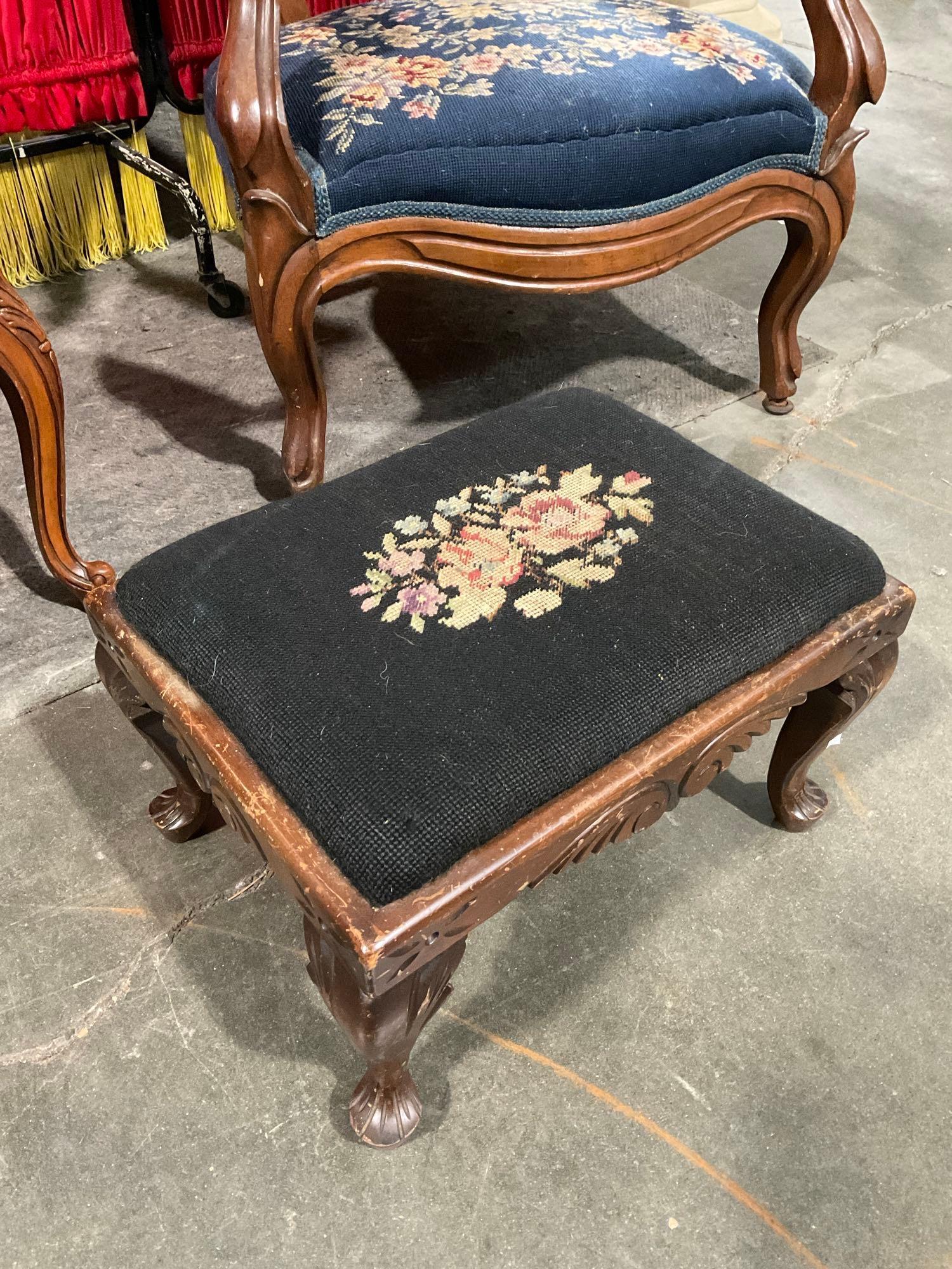 3 pcs Antique Wooden Furniture w/ Needlepoint Upholstery Assortment. 2 Chairs, Ottoman. See pics.