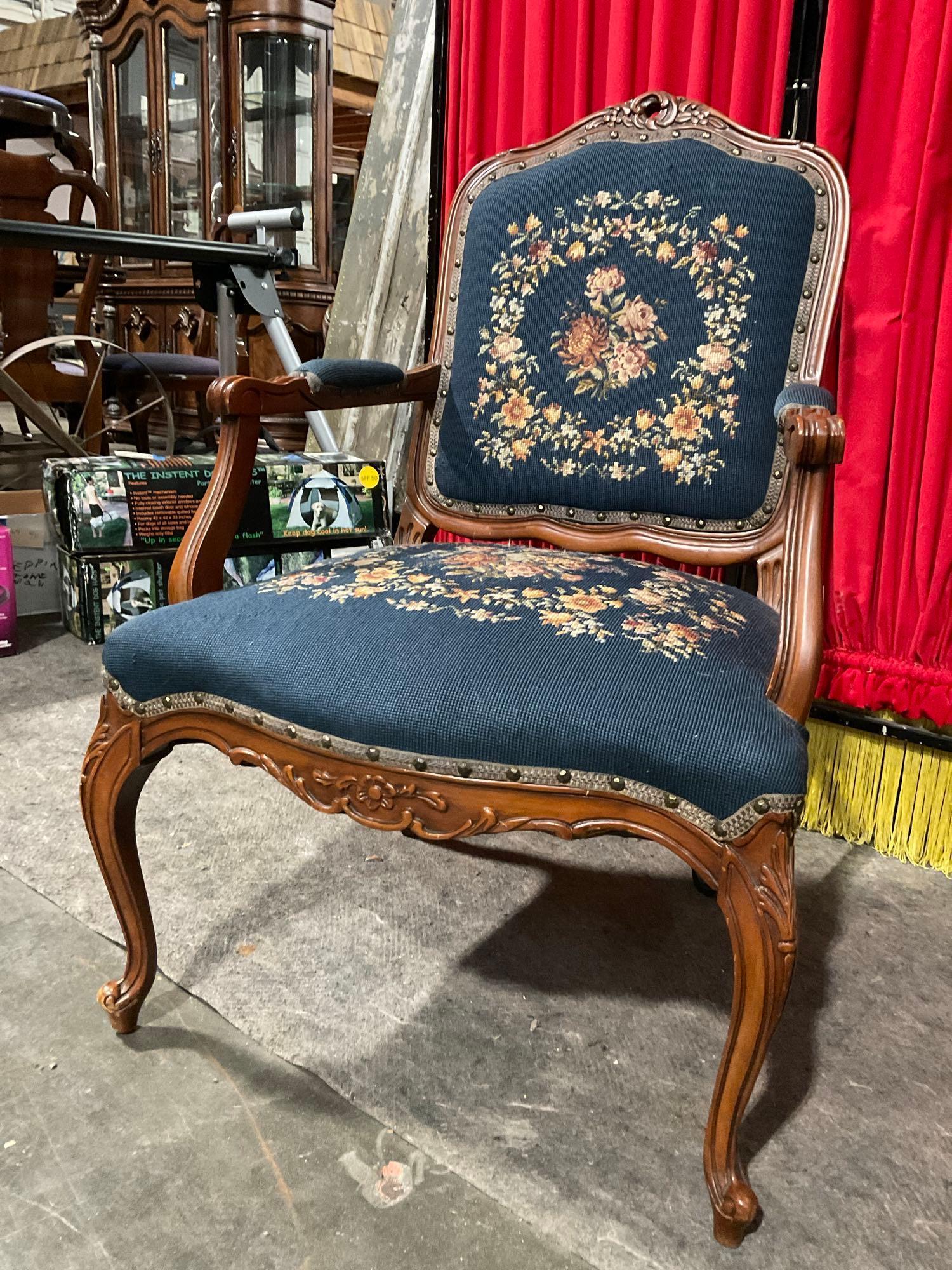 3 pcs Antique Wooden Furniture w/ Needlepoint Upholstery Assortment. 2 Chairs, Ottoman. See pics.