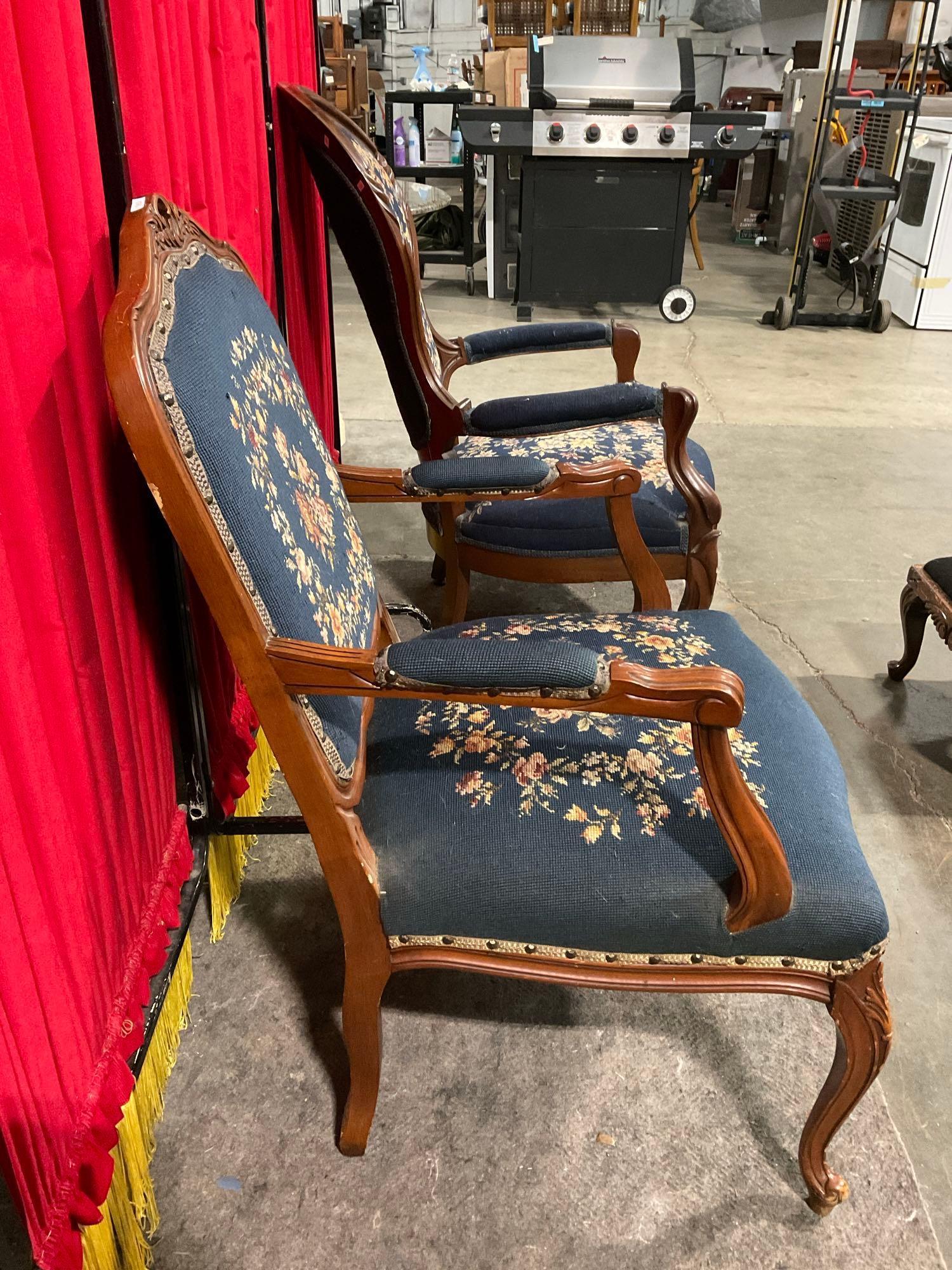 3 pcs Antique Wooden Furniture w/ Needlepoint Upholstery Assortment. 2 Chairs, Ottoman. See pics.