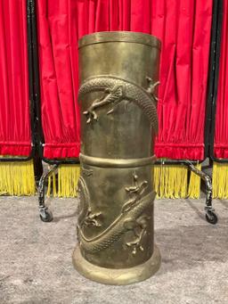 Antique Chinese Brass Umbrella Stand w/ Pair of Ornately Detailed Dragons. Stands 23" Tall. See