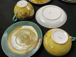 Vintage Japanese Lusterware, Pale green and bright yellow w/ gilt details on the front, 16 pcs