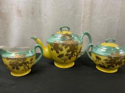 Vintage Japanese Lusterware, Pale green and bright yellow w/ gilt details on the front, 16 pcs