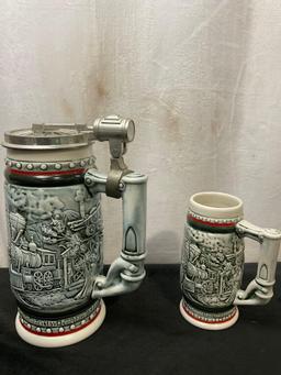 Pair of railroad themed AVON Steins, handcrafted in Brazil, 1982, Larger one w/ pewter lid