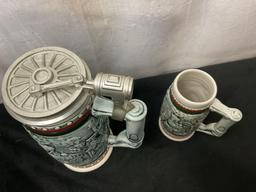 Pair of railroad themed AVON Steins, handcrafted in Brazil, 1982, Larger one w/ pewter lid