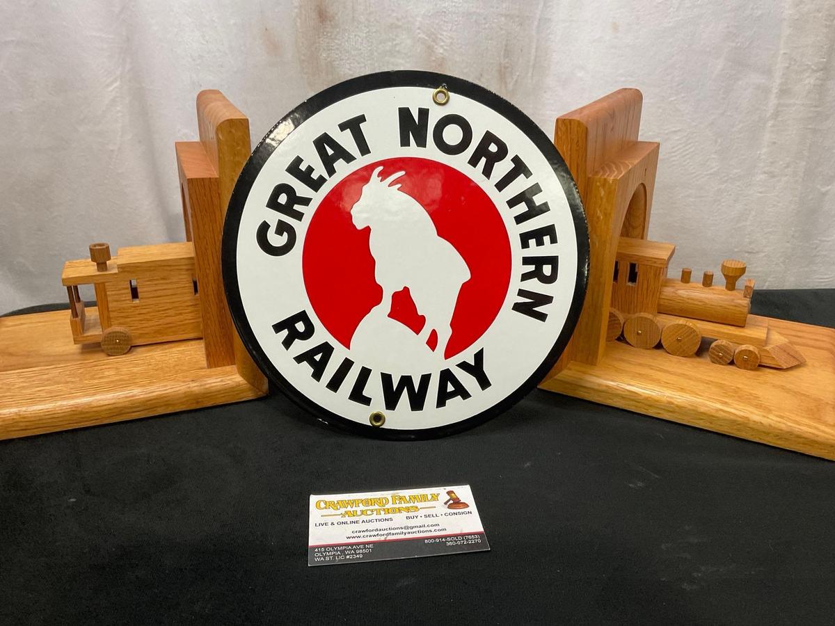 Two Sided Wooden handcrafted Train Railroad Bookends & Great Northern Railway tin sign