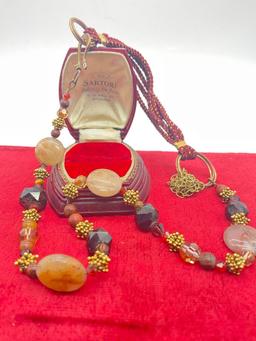 Lovely sterling silver gold tone necklace with natural stone, agate and crystal elements