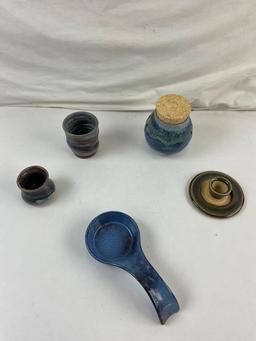 5 pcs Vintage Handmade Stoneware Dish Assortment. Spoon-rest, Lidded Jar, Cup. See pics.