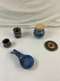 5 pcs Vintage Handmade Stoneware Dish Assortment. Spoon-rest, Lidded Jar, Cup. See pics.