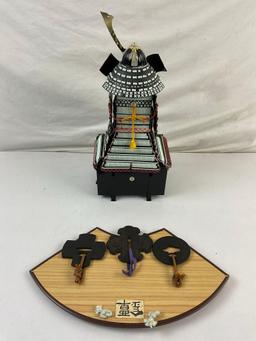 2 pcs Vintage Japanese Souvenir Collection. Miniature Samurai Armor, Trio of Sword Hilts. See pics.