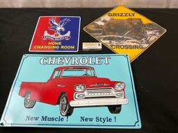 Trio of Metal Signs, FC Crystal Palace, Grizzly Crossing, Chevrolet Truck Sign
