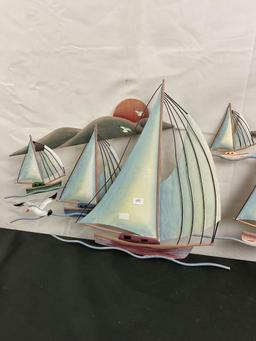 Gorgeous Metal Handpainted Sailboat scene w/ sunset & lighthouse - See pics