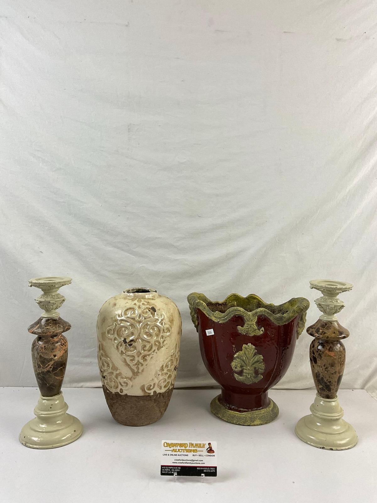 4 pcs Contemporary Beige & Brown Decoration Assortment. Urn, Planter, 2 Candlestick Holders. See