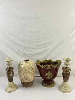 4 pcs Contemporary Beige & Brown Decoration Assortment. Urn, Planter, 2 Candlestick Holders. See