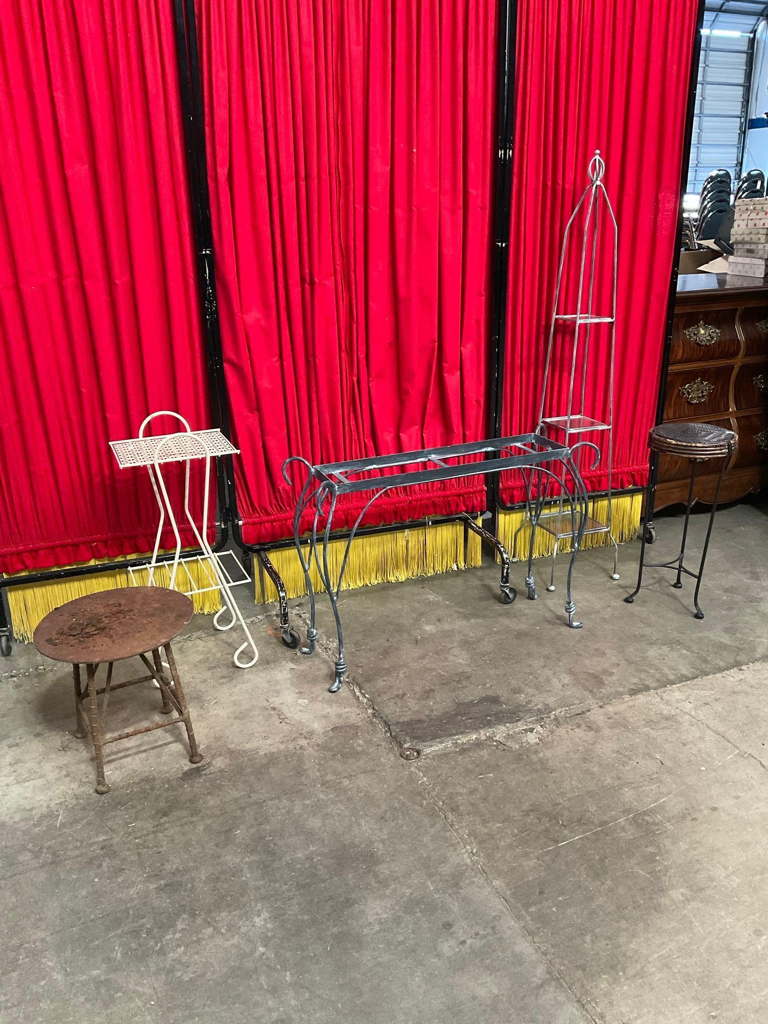 5 pcs Vintage Metal Planter Stand Assortment. Primitive Stool. Wire Stand w/ Glass Shelves. See