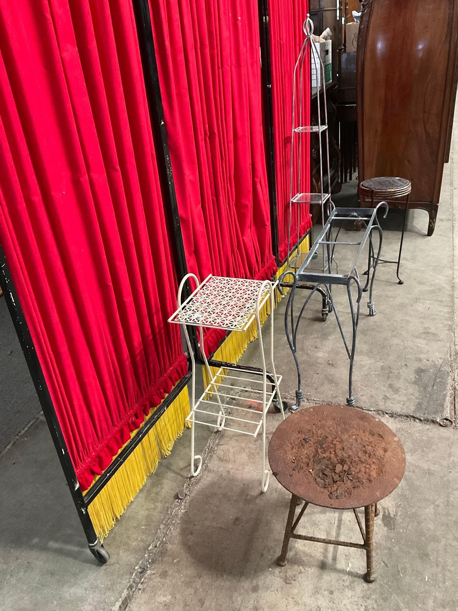 5 pcs Vintage Metal Planter Stand Assortment. Primitive Stool. Wire Stand w/ Glass Shelves. See