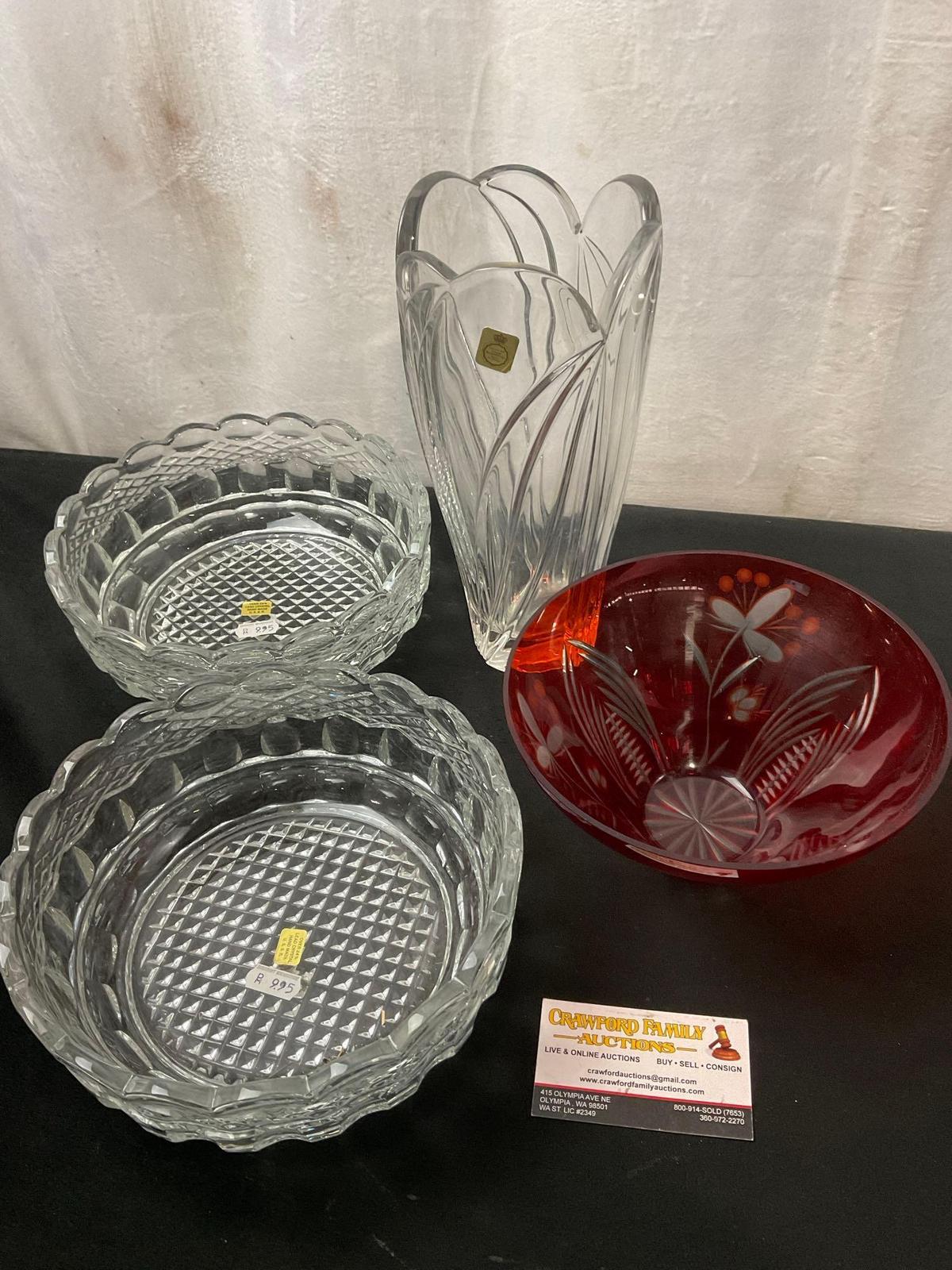 Bleikristall Vase, Pair of USSR made Crystal Bowls, and Red Handcut Czech Bowl