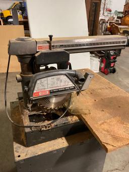 10" Radial Arm Saw w/ Wooden Chopping Block & Metal Table with 2 Drawers - Extra Blades Included