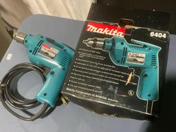 30 lbs of Coated Sinker Nails, New Old Stock Makita 6404 3/8 Drill, 9.6 volt Skil Screw Gun in case