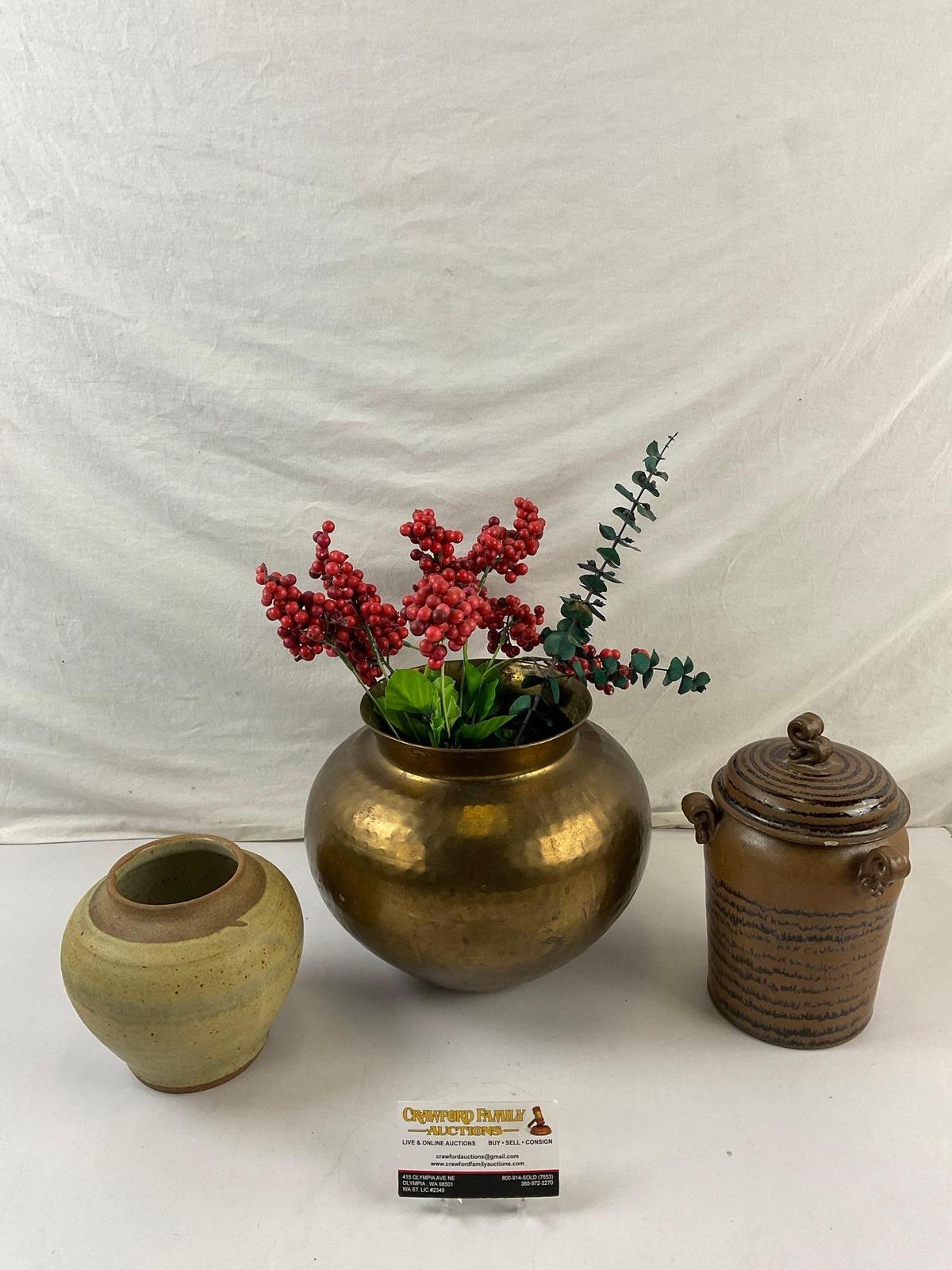 3 pcs Vintage Urn Assortment. 2 Ceramic Urns, Signed by Artists. 1 Indian Brass Urn. See pics.