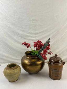 3 pcs Vintage Urn Assortment. 2 Ceramic Urns, Signed by Artists. 1 Indian Brass Urn. See pics.