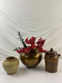 3 pcs Vintage Urn Assortment. 2 Ceramic Urns, Signed by Artists. 1 Indian Brass Urn. See pics.