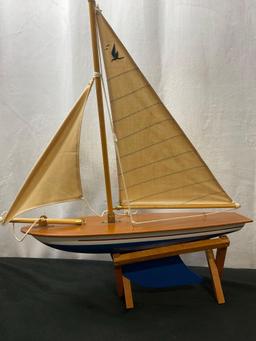 Vintage Wooden Ship Model, Sloop w/ Beige Striped Sail and Metal Keel