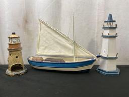 Wooden Fishing Boat Model, Glazed Lighthouse figure & Wooden Lighthouse piece