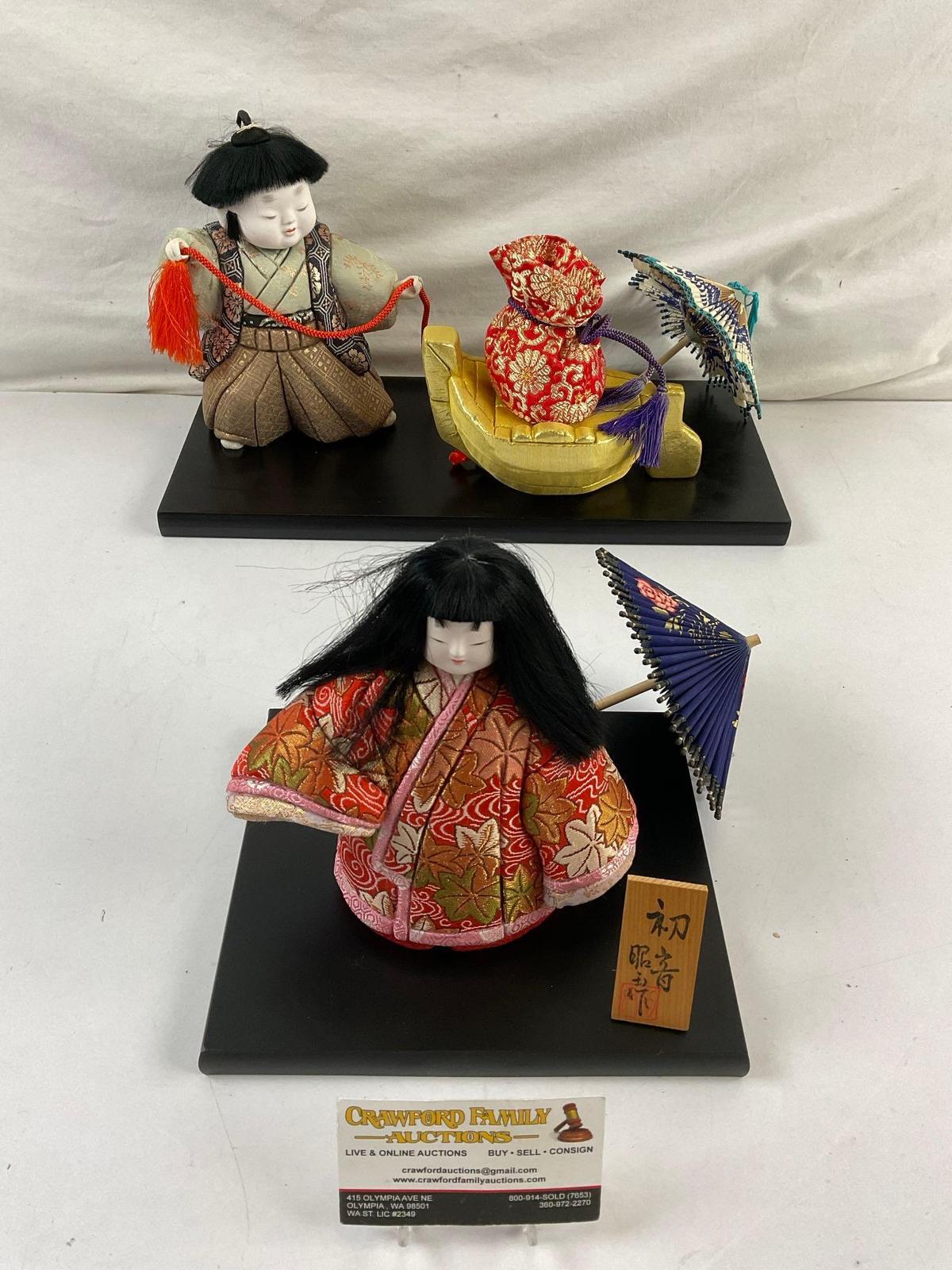 2 pcs Vintage Handmade Japanese Cloth Dolls w/ Stands & Miniature Accessories. See pics.