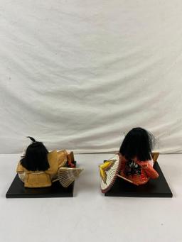 2 pcs Vintage Handmade Japanese Cloth Dolls w/ Stands & Miniature Accessories. See pics.