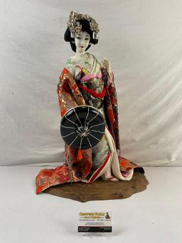 Vintage Handmade Japanese Geisha Doll w/ Red Kimono, Traditional Hat & Wooden Stand. See pics.