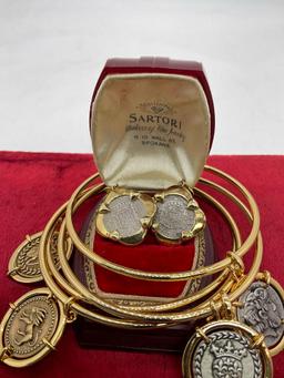 4pc set of faux ancient coin bangles w/ sterling & antique Italian 1700's coin earrings