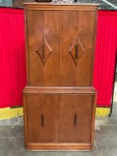 Vintage Mid-Century Modern Wooden Cabinet w/ 5 Shelves, Unique Details & Original Handles. See pi...