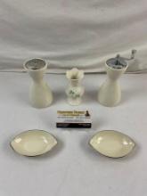 5 pcs Vintage Cream Porcelain Dishes Assortment. Lenox S & P Shakers, Belleek Bud Vase. See pics.