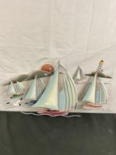 Gorgeous Metal Handpainted Sailboat scene w/ sunset & lighthouse - See pics