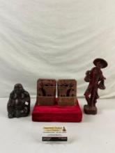 4 pcs Vintage Asian Souvenir Assortment. Carved Red Jasper Book Ends. Ceramic Buddha. See pics.