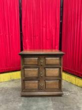 Vintage Wooden End Table Night Stand w/ 3 Drawers & Original Brass Pulls. Stands 26" Tall. See pi...