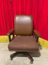 Vintage High End Wheeled Adjustable Wooden Office Chair w/ Brown Vinyl & Fabric Seat. See pics.