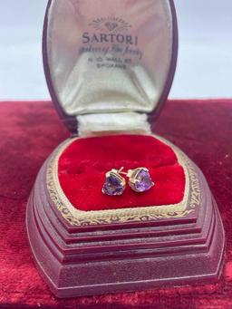 14k diamond heart shaped purple gemstone stud earrings with backings