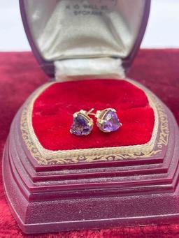 14k diamond heart shaped purple gemstone stud earrings with backings