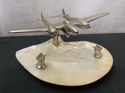 Aluminum Plane on stand, Large Shell Pipe Ashtray, P-38 Lightning model