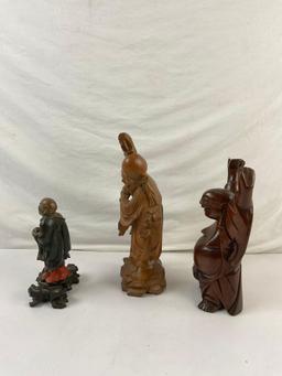 3 pcs Vintage Carved Wooden Asian Gods Figural Statuettes. 2 Buddha, Longevity God. See pics.
