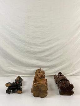 3 pcs Vintage Carved Wooden Asian Gods Figural Statuettes. 2 Buddha, Longevity God. See pics.