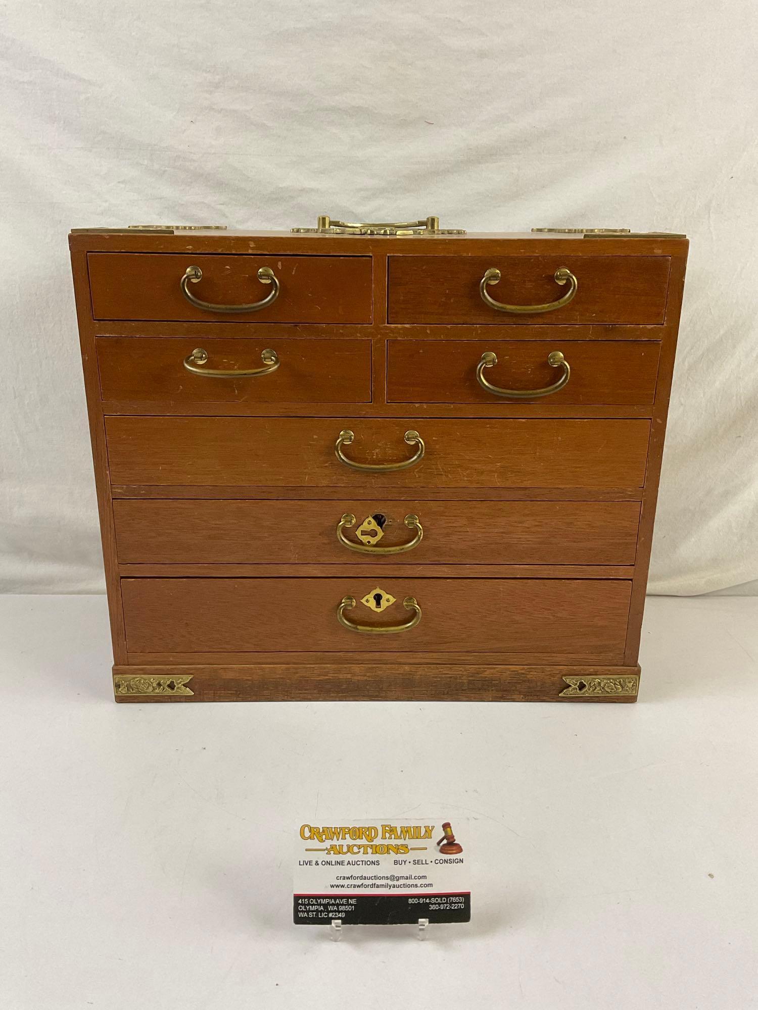 Vintage Chinese Wooden Jewelry Box w/ 7 Drawers, Brass Details & Blue Velvet Lining. See pics.