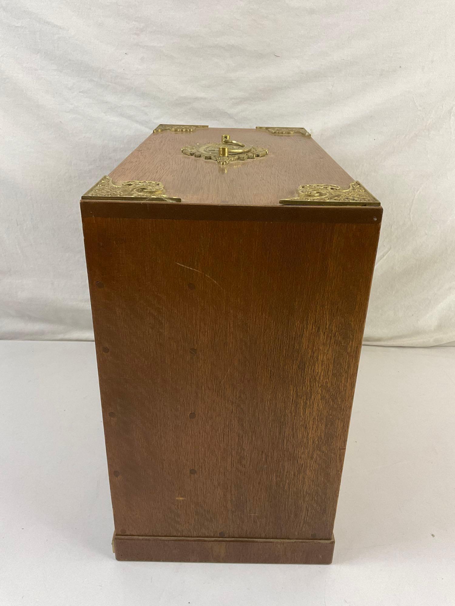 Vintage Chinese Wooden Jewelry Box w/ 7 Drawers, Brass Details & Blue Velvet Lining. See pics.