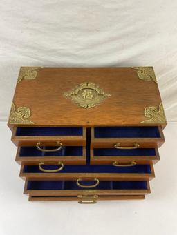 Vintage Chinese Wooden Jewelry Box w/ 7 Drawers, Brass Details & Blue Velvet Lining. See pics.