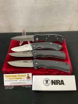 4x Folder Knives, 2x NRA & 2x Friends of NRA, w/ Rubber Handles, 3.5 inch blades