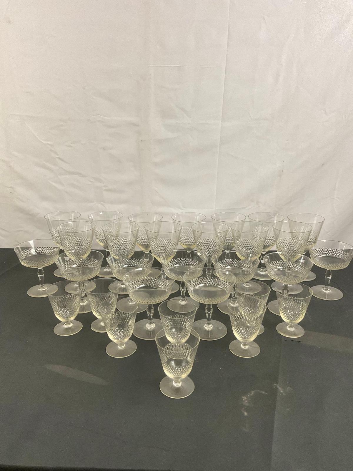 Collection of Gorgeous Thin Etched Diamond Motif Glassware - Fostoria? - See pics