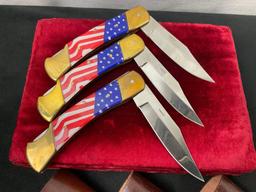 Trio of Patriotic American Flag Knives w/ Leather Cases