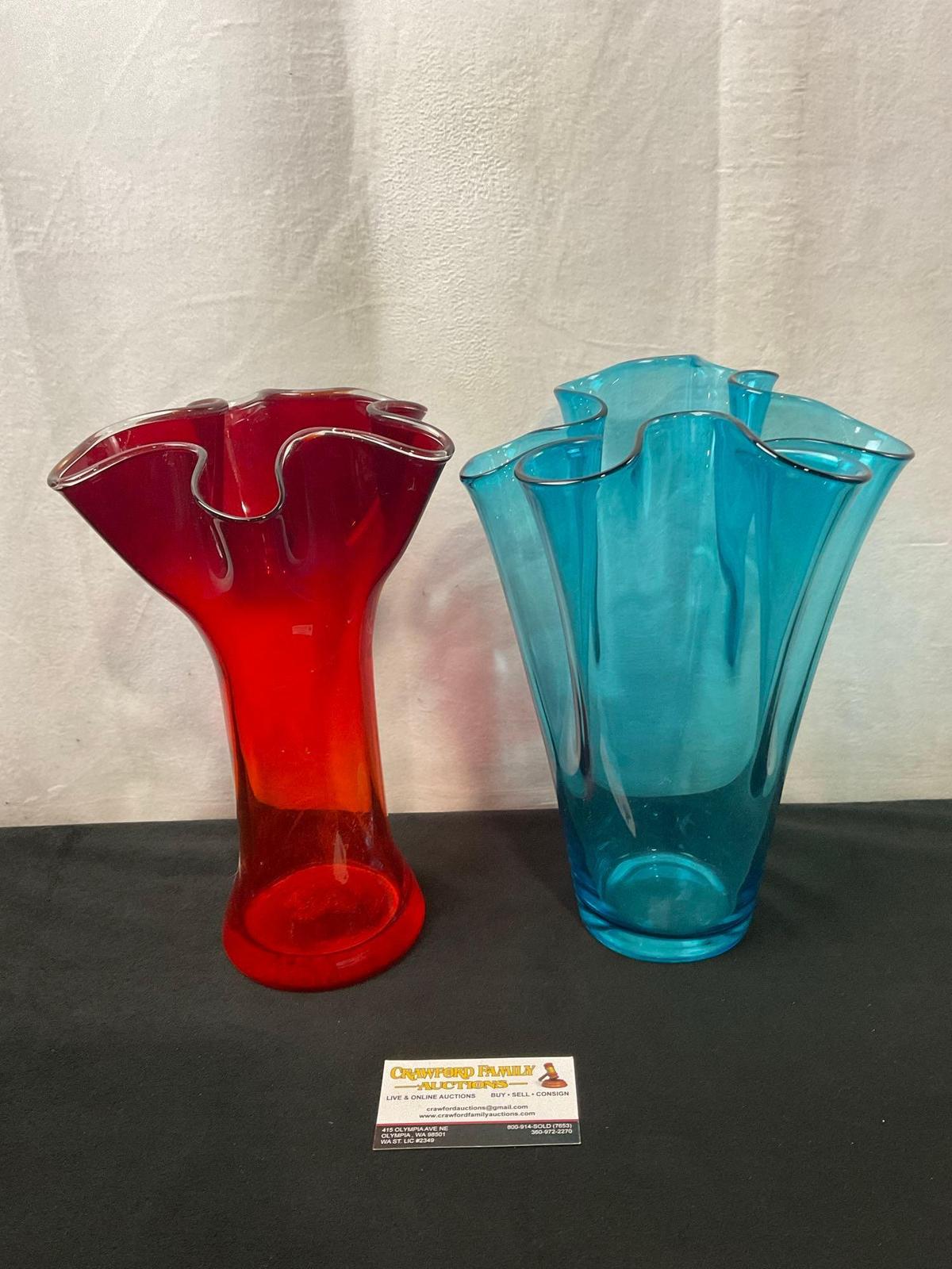 Duo of Frilled Vases, Red and Blue, Handblown Art Glass