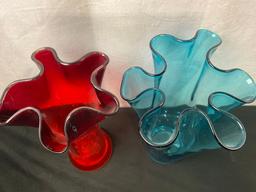 Duo of Frilled Vases, Red and Blue, Handblown Art Glass